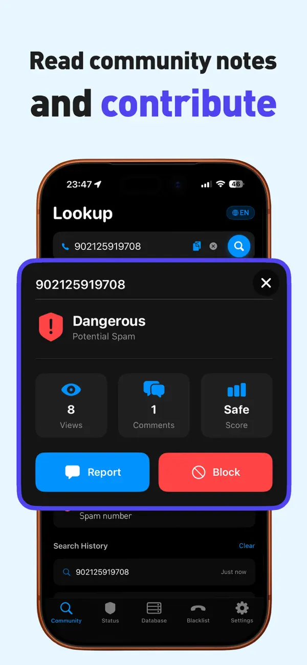 Call & Block number lookup screen